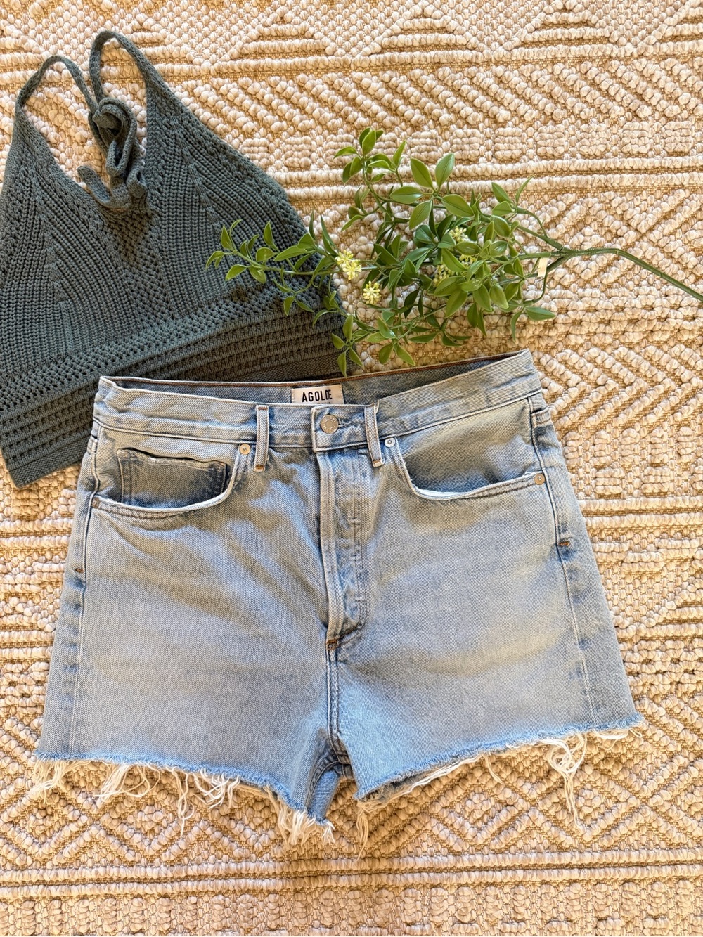 Agolde Light Wash Raw-Hem Denim Shorts, free top with purchase
